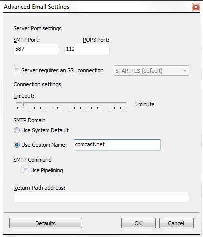 what are the comcast email server settings